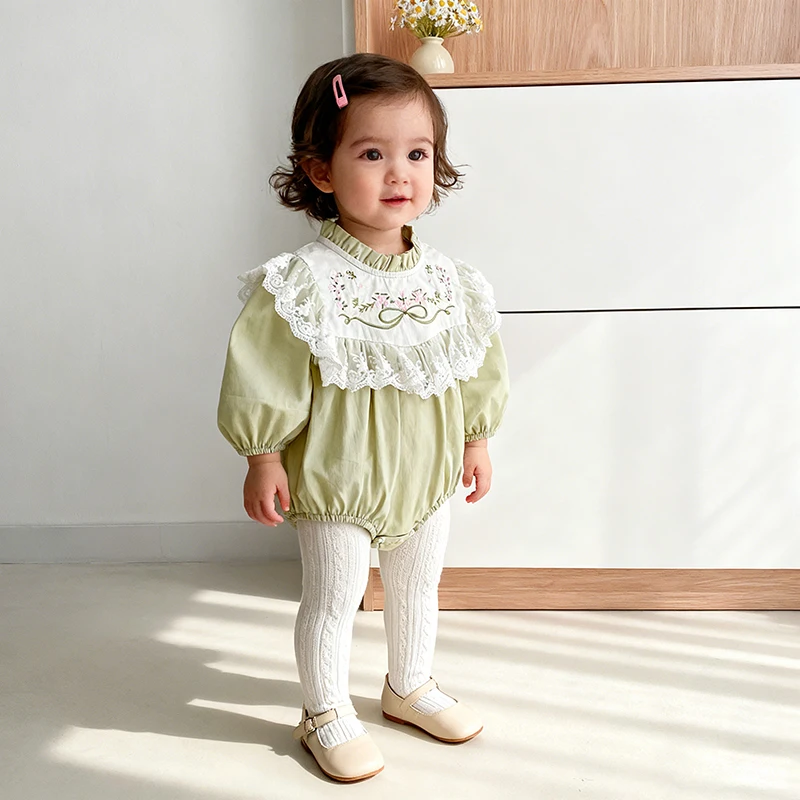 2026 New Spring Infant Newborn Baby Girl Bodysuits Long Sleeved Cotton Lace Baby Girl Jumpsuit Baby Embroidery Newborn Clothing