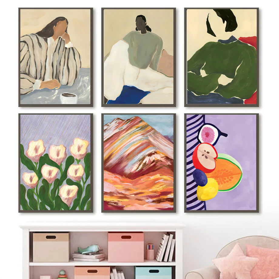 Abstract Girl Black Cat Lily Fruit Mountain Still Life Wall Art Canvas Painting Posters And Prints Picture For Living Room De
