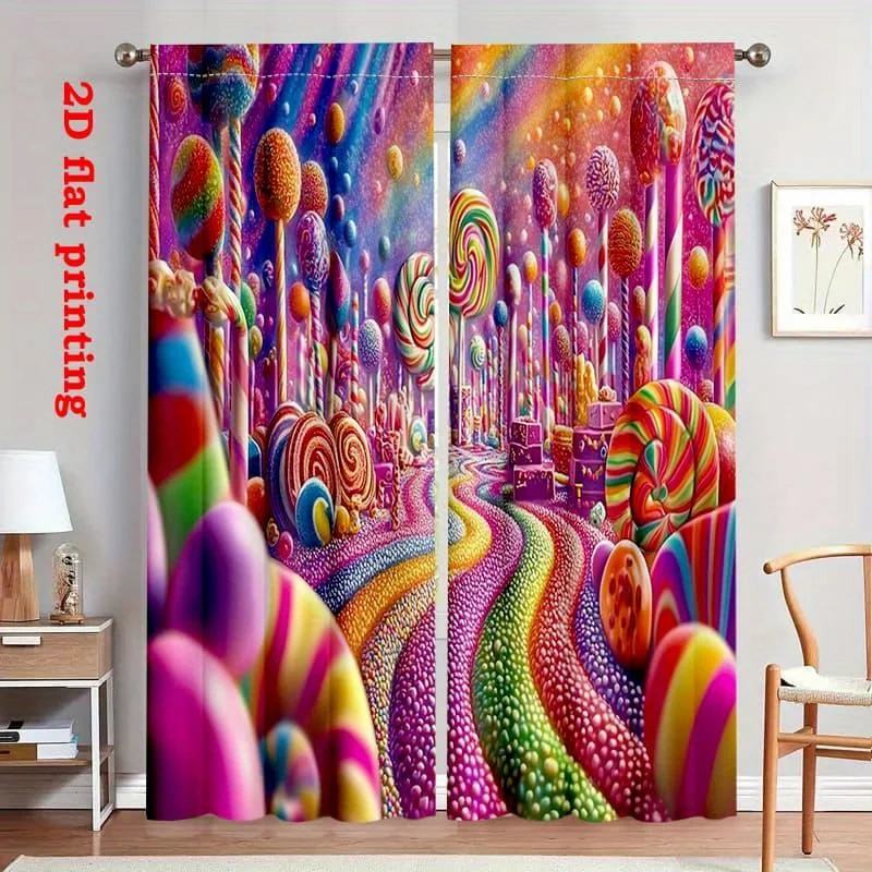 Candy Land Curtain, Colorful Lollipop Print Drape, Sweet Fantasy Window Treatment for Kids Room Bedroom Home Decor