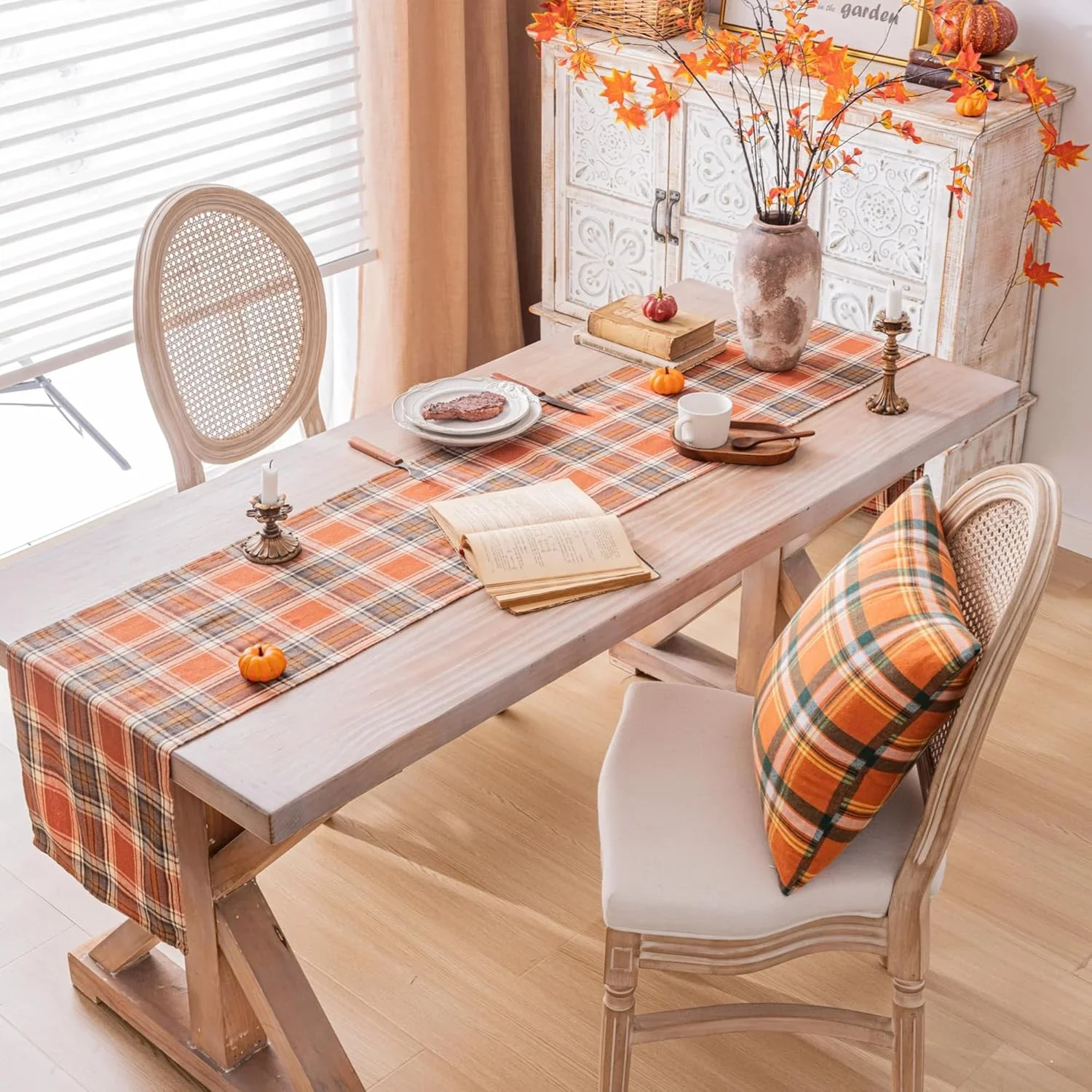 Plaid Thanksgiving Table Runner, Rustic Orange Brown Check Table Runner, Farmhouse Kitchen Dining Table Decor