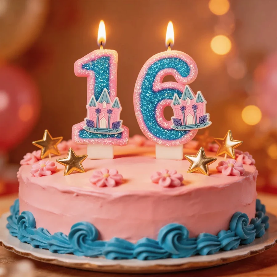 Kreative Blau-Rosa Schloss-Digitalzahlen-Kerze 0-9 für Kuchendekoration, Kindergeburtstag, Backdekoration, Steckmuffel