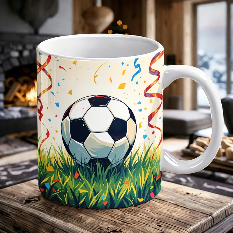 

Victory Party Football Mug, Colorful Ribbon Confetti Soccer Ball On Grass Art Cup, Sport Celebration Mug For Football Fans