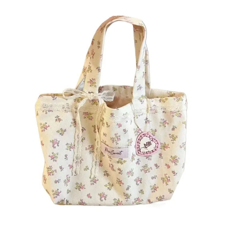 Yellow Sweet Printed Canvas Handbag Large Capacity Floral New Forest Flower Commuting Lace Canvas Shoulder Bag