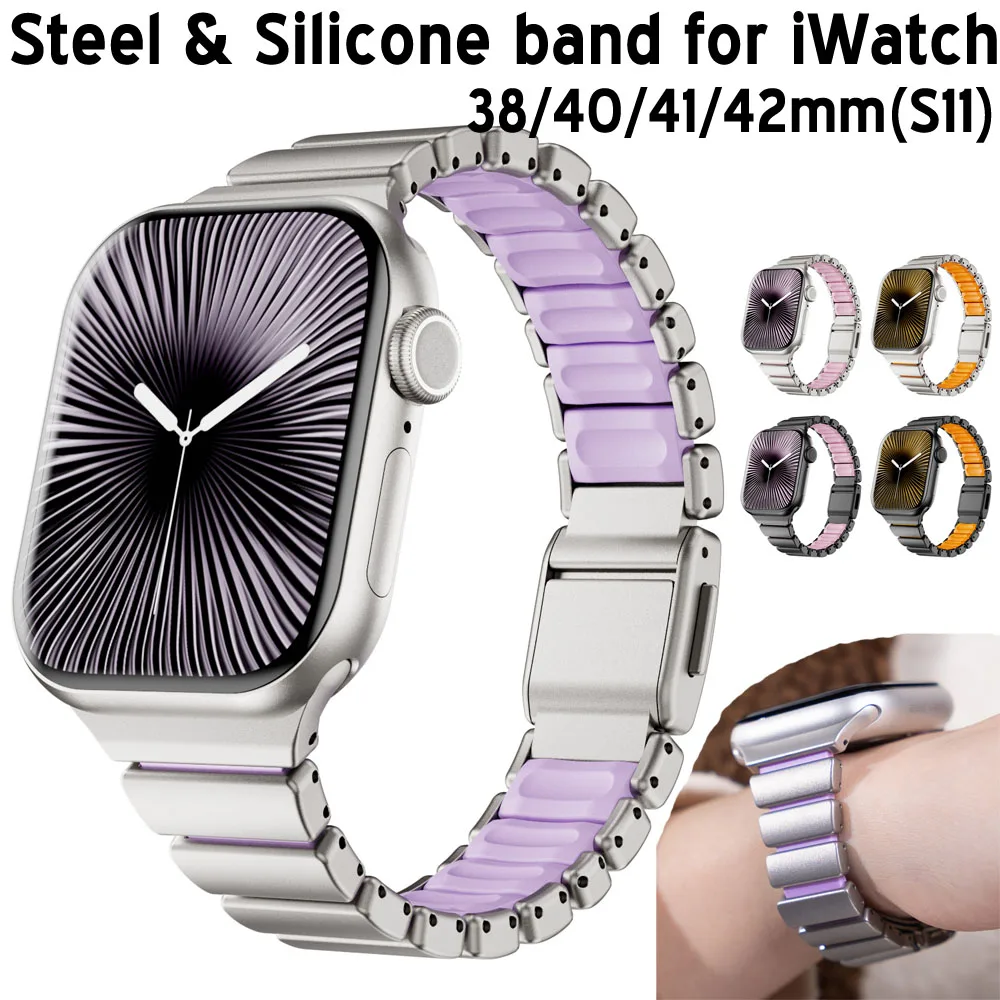 

Luxury Stainless Steel Silicone Watch Strap for Apple Watch Band Magnetic Buckle 38 40 41 42mm S11 10 9 8 7 Adjustable Bracelet
