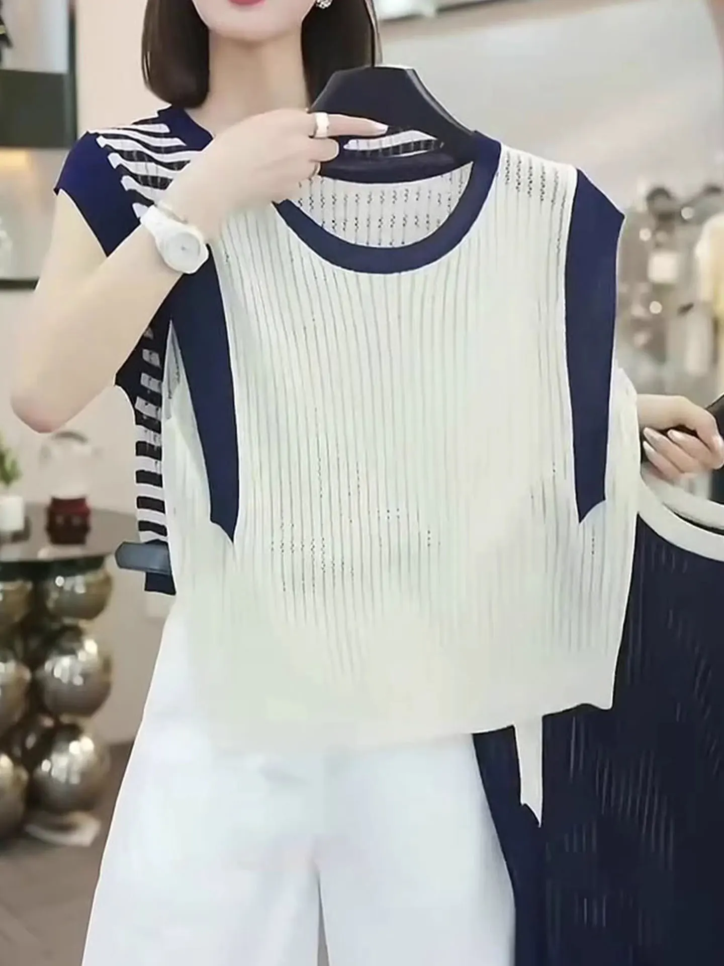 

Korean Sle Casual Versatile Comfortable Breathable Knitted irt Summer Unique Color Blo Design round Ne Top for Women