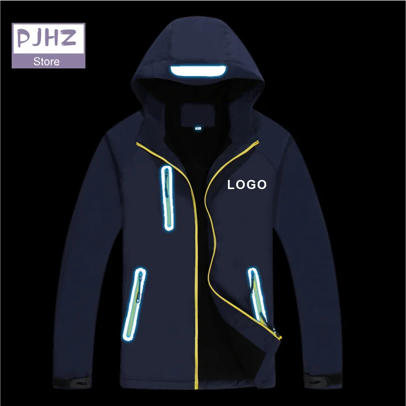 Outdoor Hiking Windproof Waterproof Reflective Jackets Hooded Climbing Trekking Skiing Windbreaker Coats Logo Print Embroidery