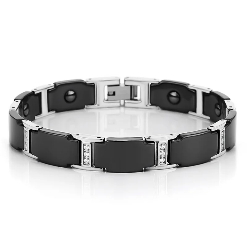 10mm Punk Gold Color Stainless Steel Chain Zircon Bracelet For Men Women Black Ceramic Health Care Magnetic Bangle Jewelry