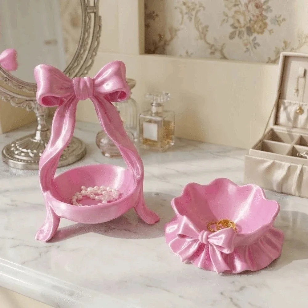 

Элегантная подставка для украшений с 3D-печатью, декоративная, с милым бантом и лентой, держатель для колец, в стиле барокко, глянцевая тарелка для украшений, для настольного использования