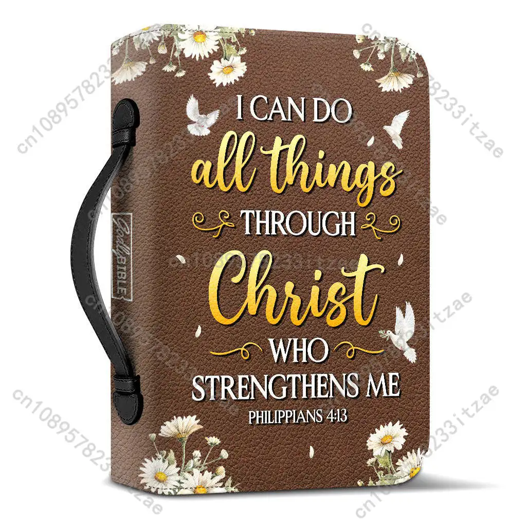 Women PU Leather Bible Bag Handle Handbag I Can Do All Things Through Christ Who Strengthens Me Storage Bag Study Book Holy Box