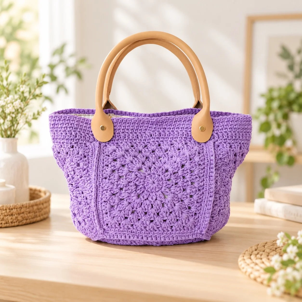 Boho Handcrafted Crochet Bucket Bag Vintage Flower Pattern Tote with Fabric Lining & Leather Handles Summer Travel Purse