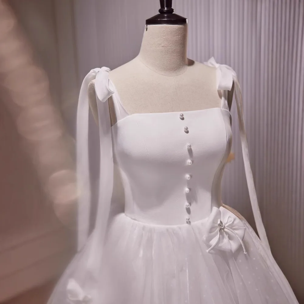 Temperament Socialite Birthday Party Dresses Sleeveless Lace-Up Straps 3D Bow High Waist Mesh Fluffy White Wedding Dress Women