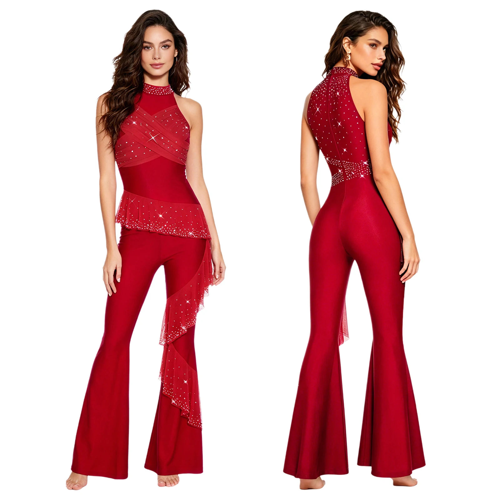 

Women Latin Dance Jumpsuit Sleeveless Rhinestones Mesh Leotard for Disco Cha-cha Samba Rumba Tango Salsa Ballroom Modern Dancing