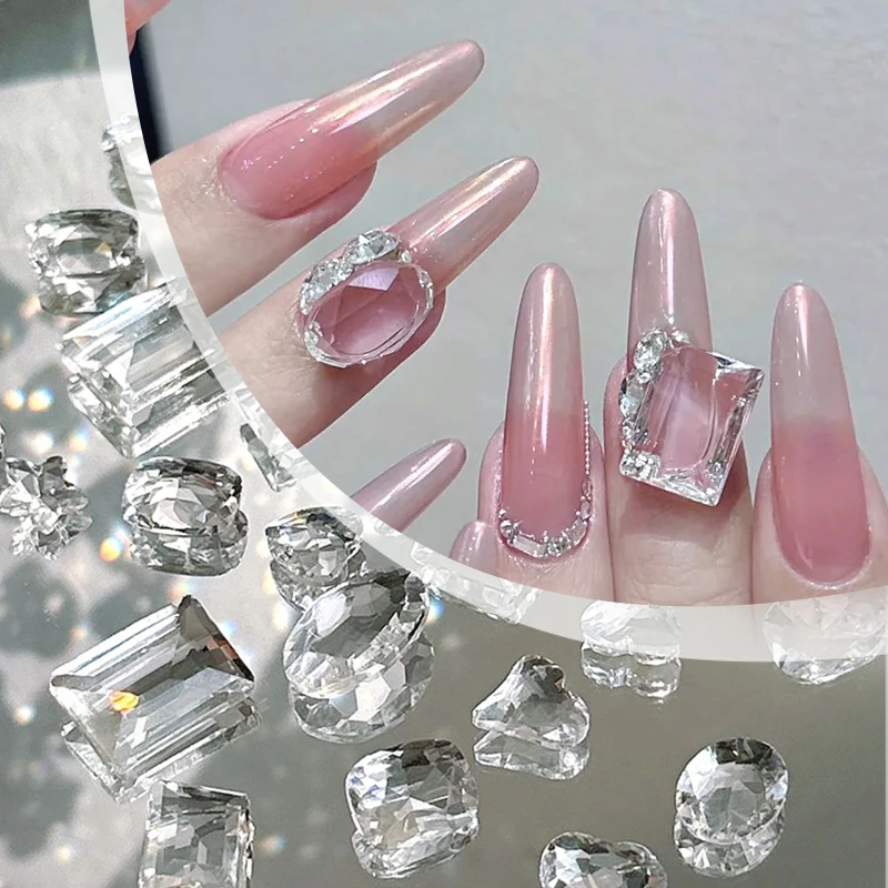 10pcs Crystal Ice Transparent Nail Rhinestones Heart Cube Sugar Shaped High Quality Flash Stone Kawaii DIY Nail Art Accessories