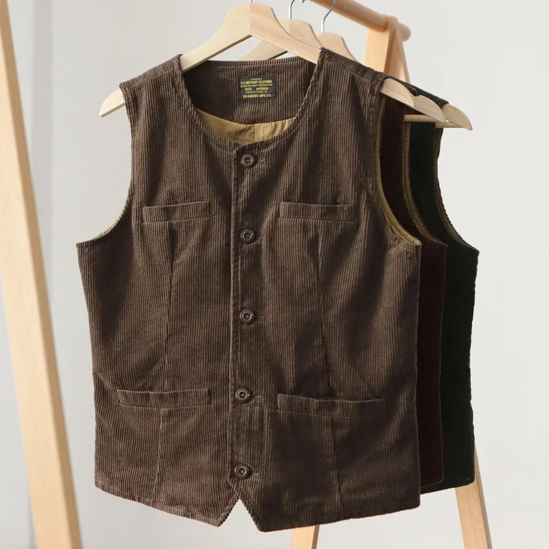 Ami khaki corduroy vest men's American retro multi-pocket workwear vest slim fit inner suit vest