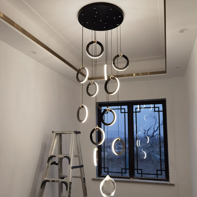 Modern Style LED Circular Staircase Pendant Light Villa Lobby Hanging Living Room Chandelier Dining