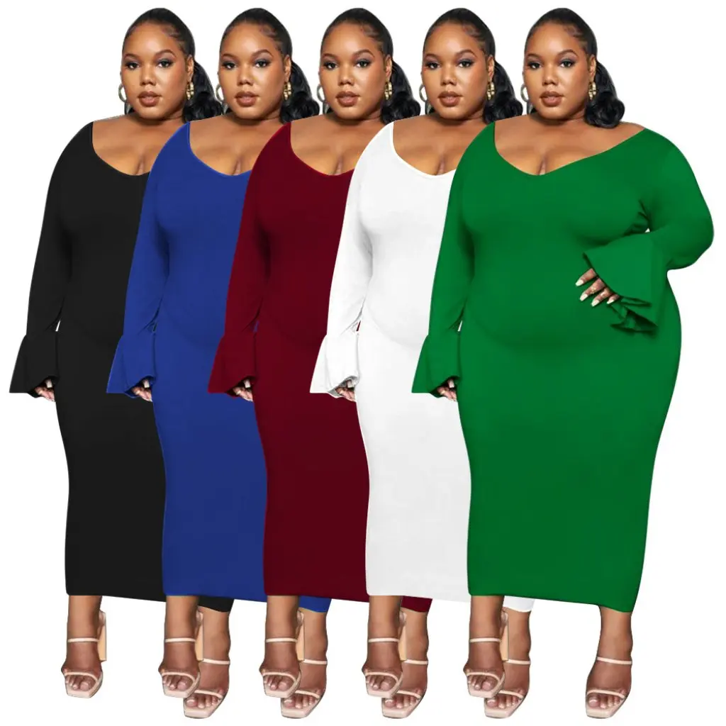 

plus Size Women's V-Neck Dress N7716 European American Fashion Sexy Solid Color Temperament Autumn New Horn Sleeve Design