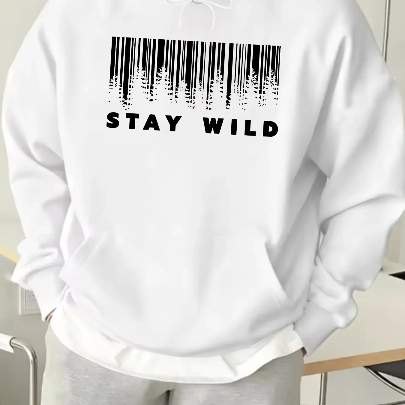 Men's Outdoor Hoodie Forest Pine Tree Barcode Graphic Front Print Oversized Pocket Pullover Sweatshirt Nature Streetwear