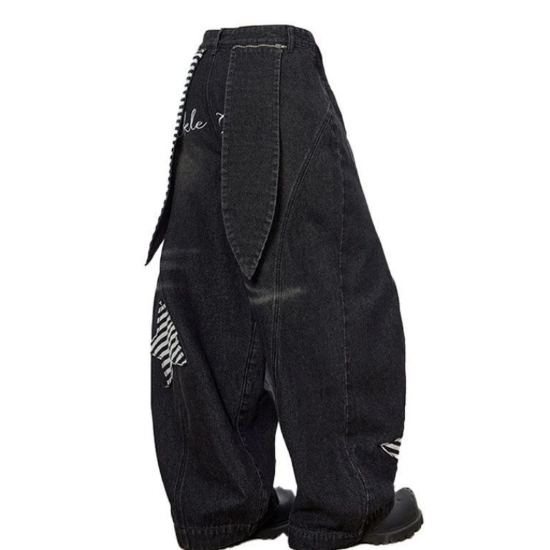 

plus Size 300 Pou Patchwork Five Pointed Star Design Denim Pants Men's Autumn Winter Stripe Wide Leg Lantern Pants