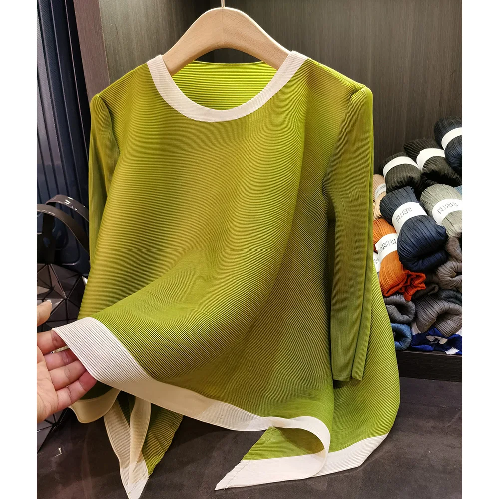 Miyake plissé été nouveau Style couleur bloc col rond trois-quarts manches ample haut plissé polyvalent T-Shirt pour les femmes