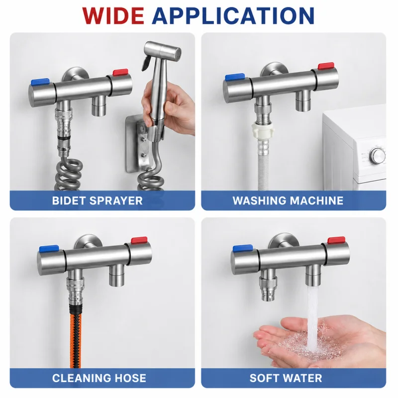 304 Stainless Steel Dual Outlet Angle Valve, Independent Two-Way Shut Off Tap for Washing Machine, Water Filter Home Plumbing