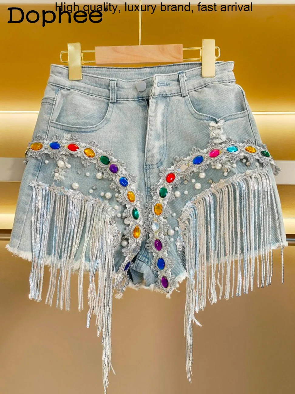 Industry Color Heavy Diamond Sequins Tassel Denim Women Spring Summer High Waist Loose Slimming Wide-Leg Shorts Hot Pants