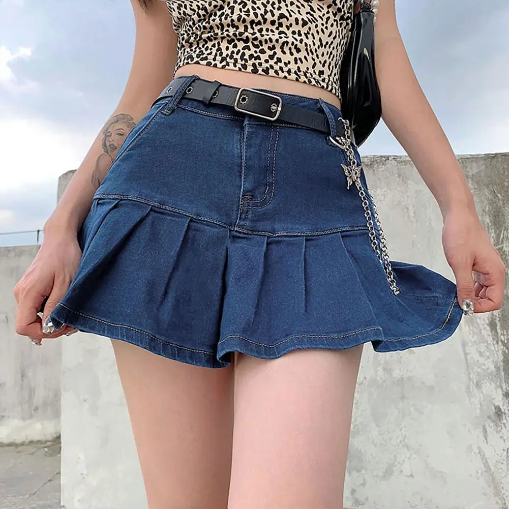 Harajuku Punk Denim Mini Pleated Skirt Ladies Summer Jeans Shorts Skirts Women Ruffles Women High Waist Pleated Skirts Girls