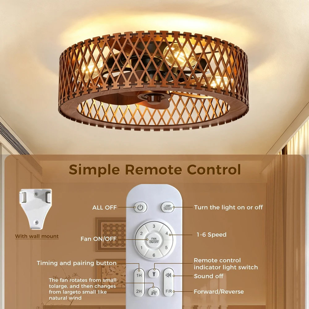 20 Inch Embedded Ceiling Fan Log Wood Fan Lamp With Remote Control 6‑Speed Reversible Ceiling Fan For Bedroom Kitchen Living Roo
