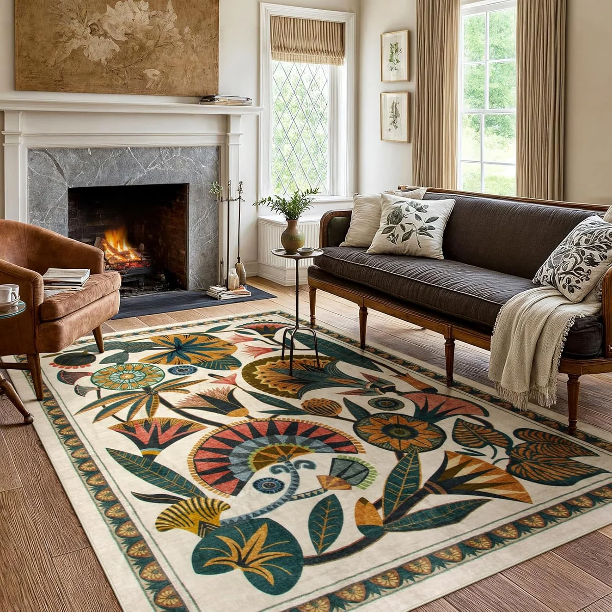 Large 5x7 Beige Egypt Floral Boho Washable Area Rug Non Slip Soft Indoor Carpet for Living Room Bedroom Entryway Kitchen