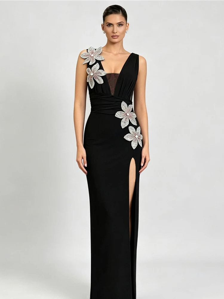 

Sexy Black V-Neck Slit Long Dress Starburst Belted Formal Evening Gown Resin Diamond Embellished Elastic Waist Knitted Fabric