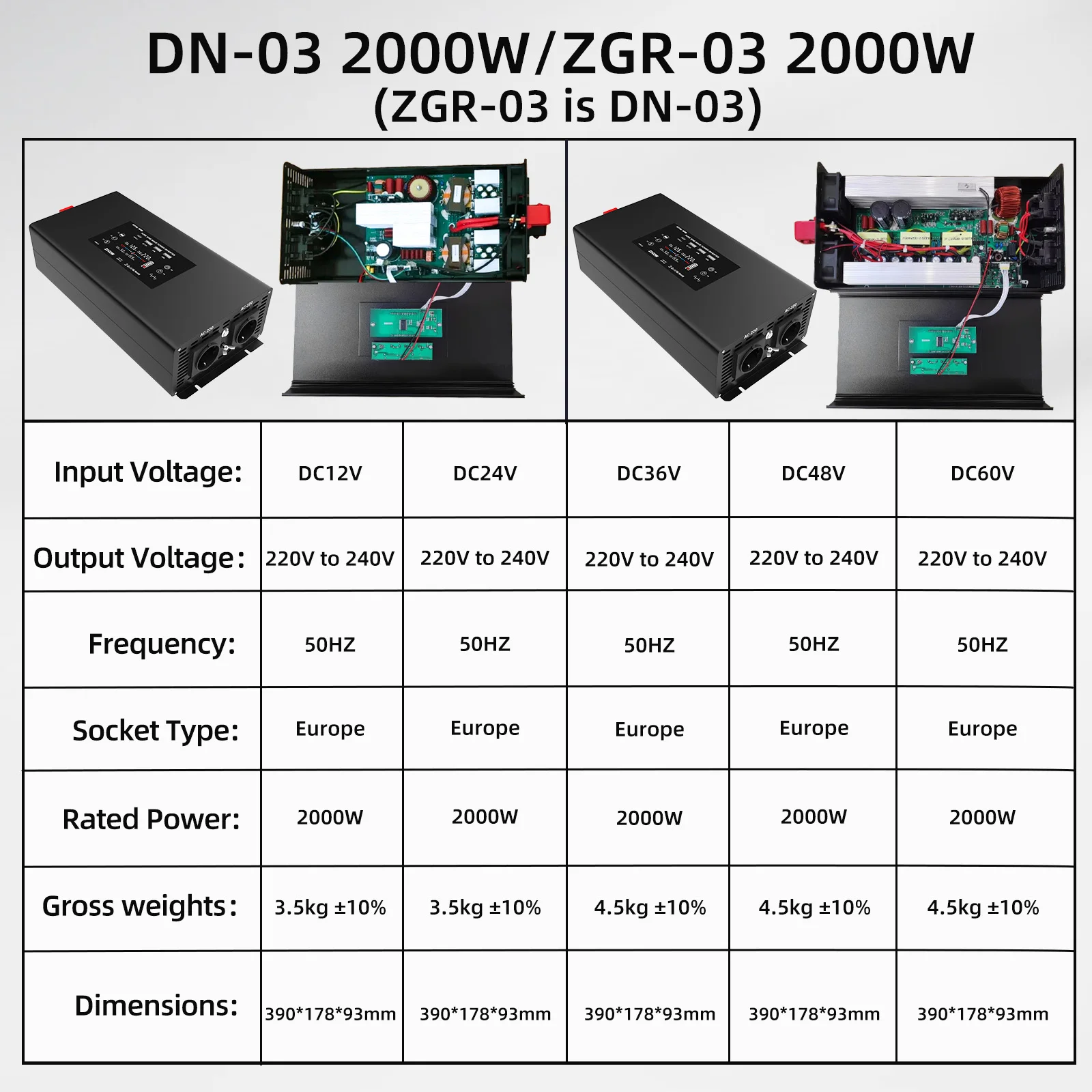 DATOUBOSS DN-03 inversor de onda sinusoidal pura DC12V-60V a AC220V-240V inversor portátil para coche potencia continua 2000W potencia máxima 4000W