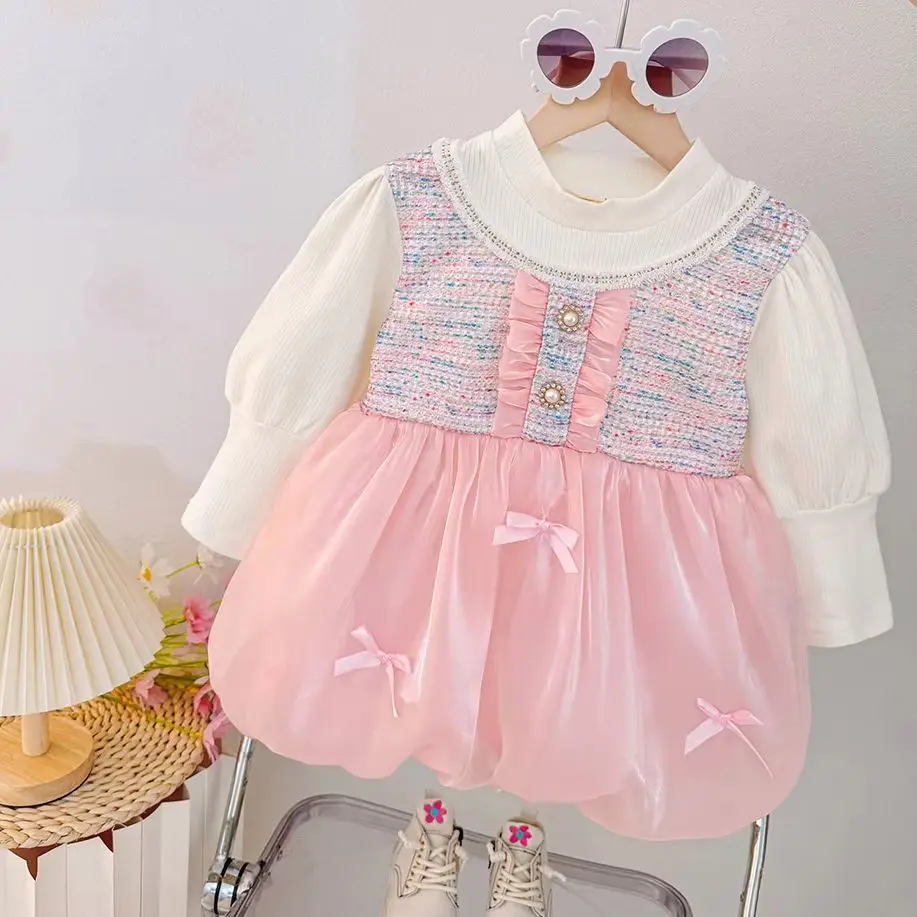 

Baby Girl Dress Autumn Casual Sweet Bow Long-Sleeved Princess Dress for Girls 1 year Birthday Party Dresss Children's Clothing