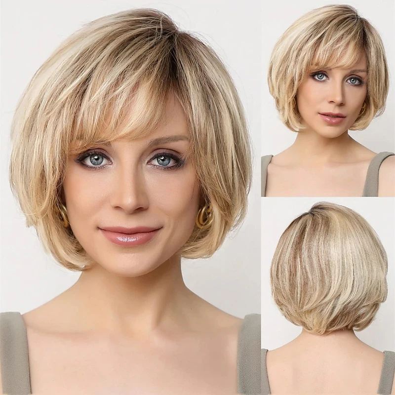 HAIRJOY Synthetic Hair Short  Layered Straight Blonde Mixed Color Wig  for White Women