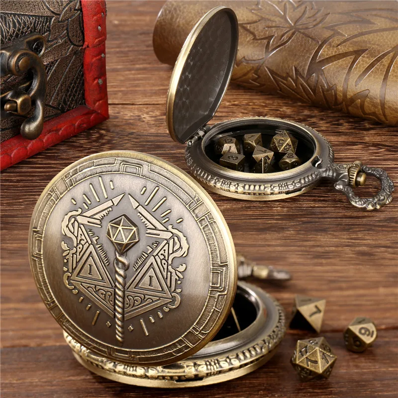 

Retro Magic Wand Design Pocket Watch Case Pendant Chain 7Pcs Tiny Polyhedral Metal Dice Set Table Role Play Gaming Dices