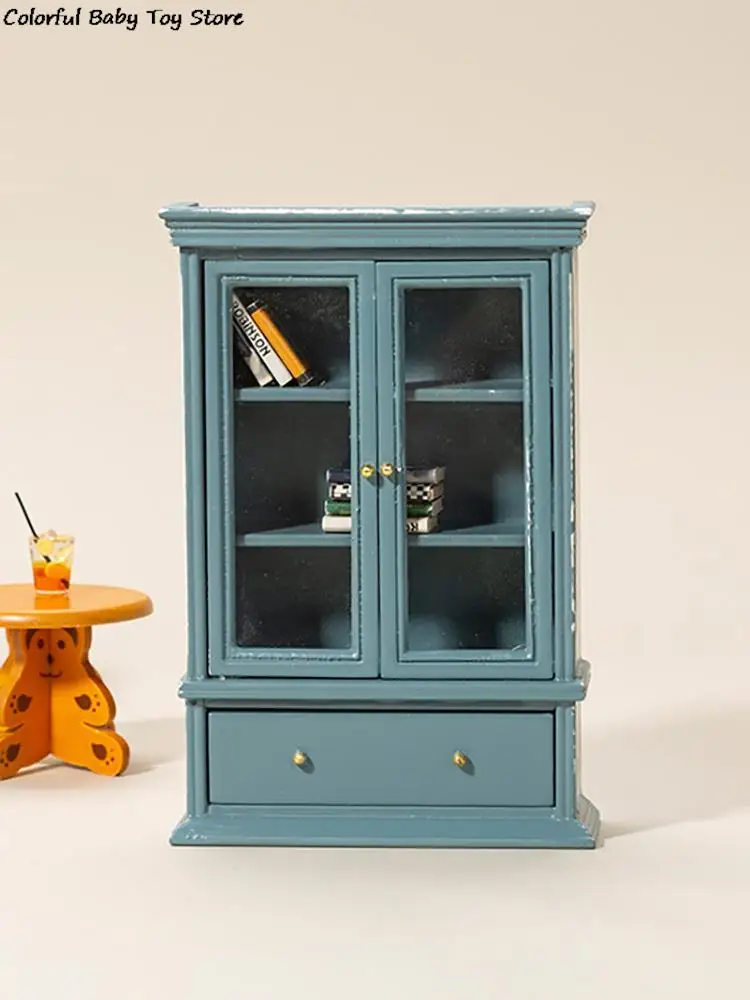 1:12 Dollhouse Miniature Cabinet Bookshelf Haze Blue Double Door Cabinet Model Display Cupboard Furniture Ornament Decor Toy