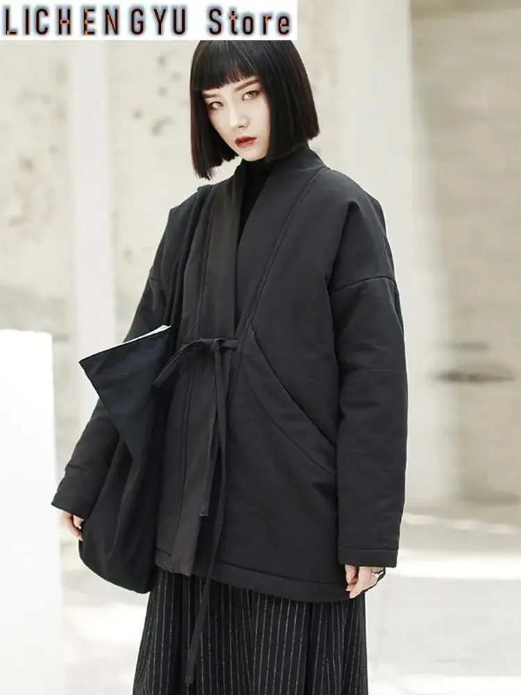 New Spring V-collar Long Sleeve Black Loose Brief Bandage Cotton-padded Large Size Coat Women Fashion