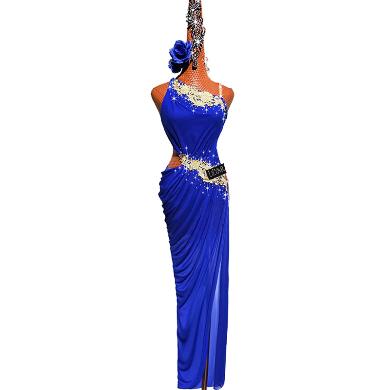 Vestido largo de baile latino para mujer adulta, traje de baile sin mangas con Espalda descubierta, bordado en azul zafiro dorado, novedad