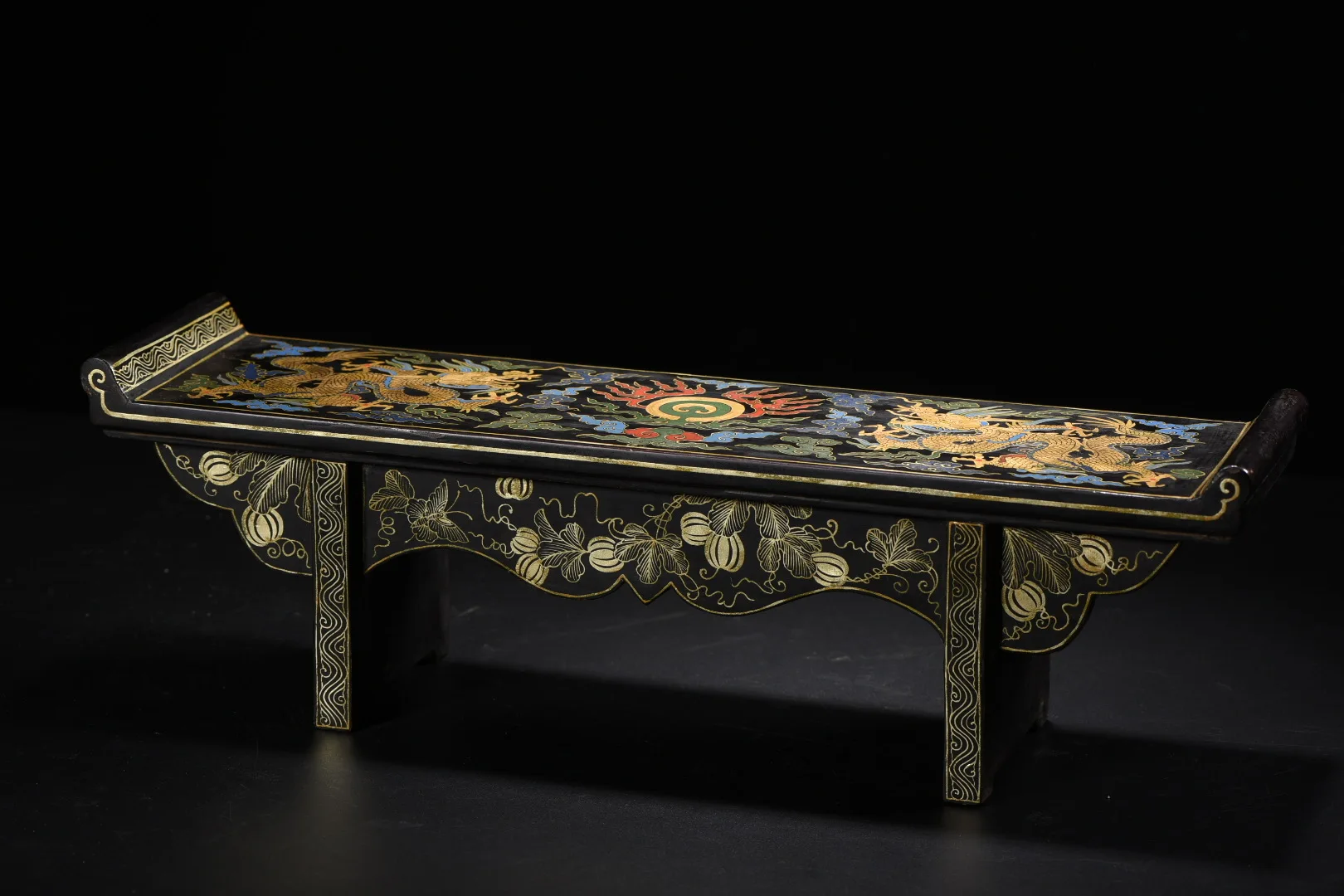 Wood lacquerware Outline in gold flower Two dragon texture Qiao case tea table Appreciation Table screen Amass wealth Ornaments