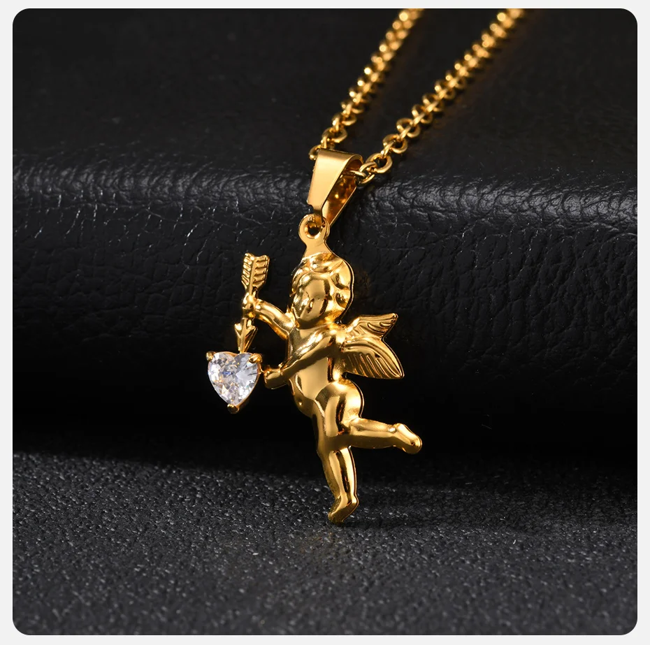 Vnox Goldfarbene Amor-Engel Anhänger Halskette, Edelstahl Herz CZ Stein O-Kette für Männer Frauen, Hip Hop Liebesschmuck Geschenk – Detail 5