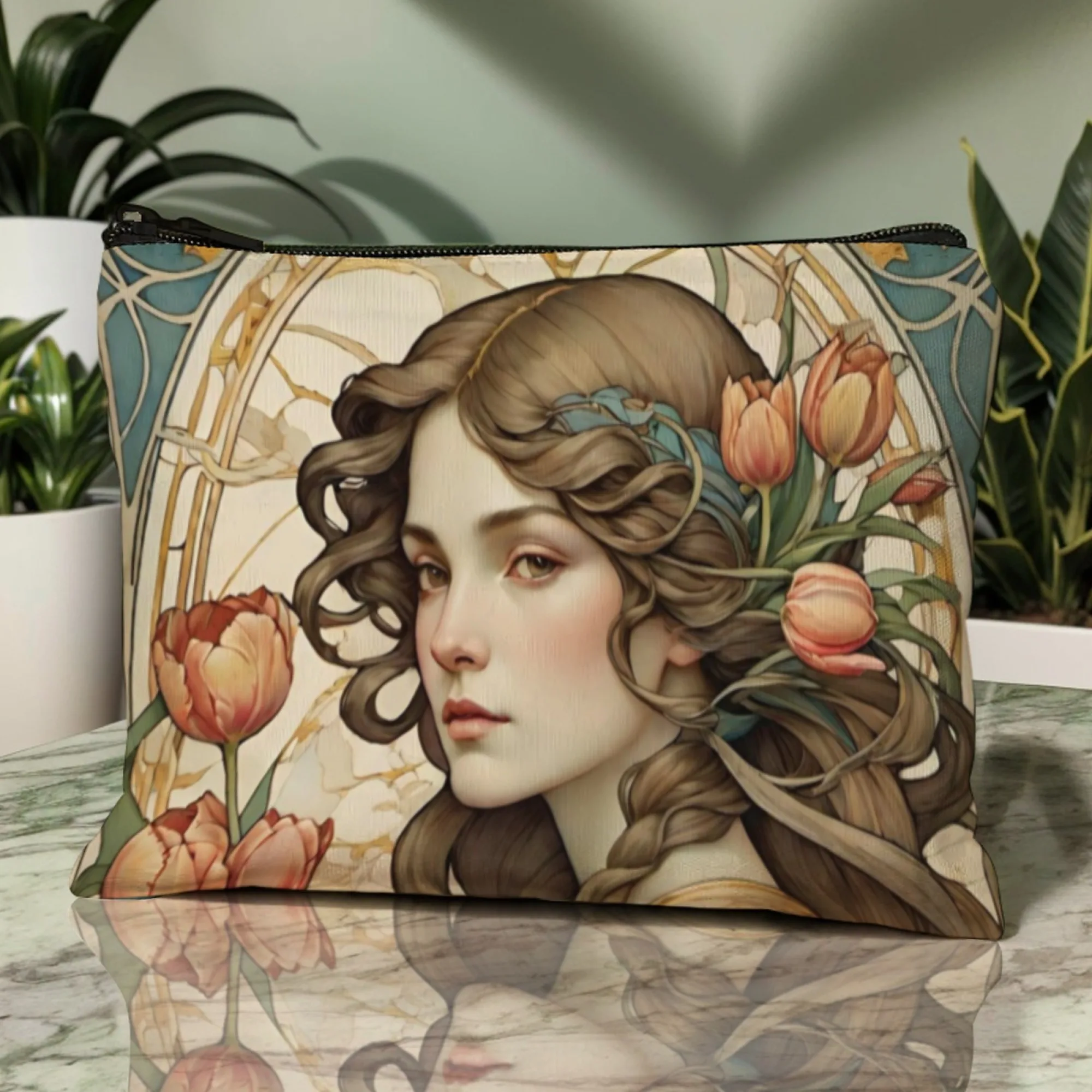 Mucha-Style Art Nouveau Zipper Cosmetic Pouch Bag Tulip-Decorated Figure Retro Durable Canvas Inner Slip Pocket Casual Use