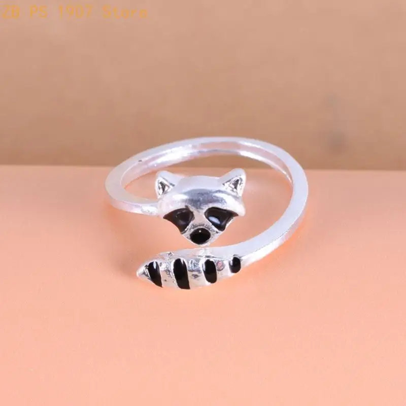 Adorable Raccoon Ring Silver Black Adjustable Open Ring for Women Girls 55KA