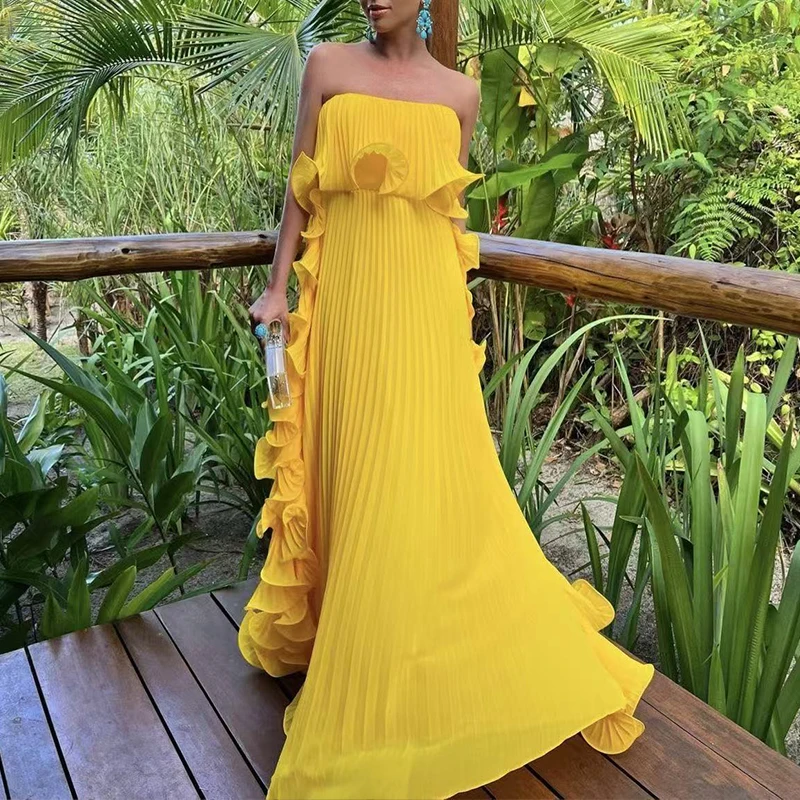 

Women Elegant Strapless Sleeveless Evening Dress Sexy Off Shoulder Solid Long Dresses Fashion Pleated Ruffles Loose Party Dress