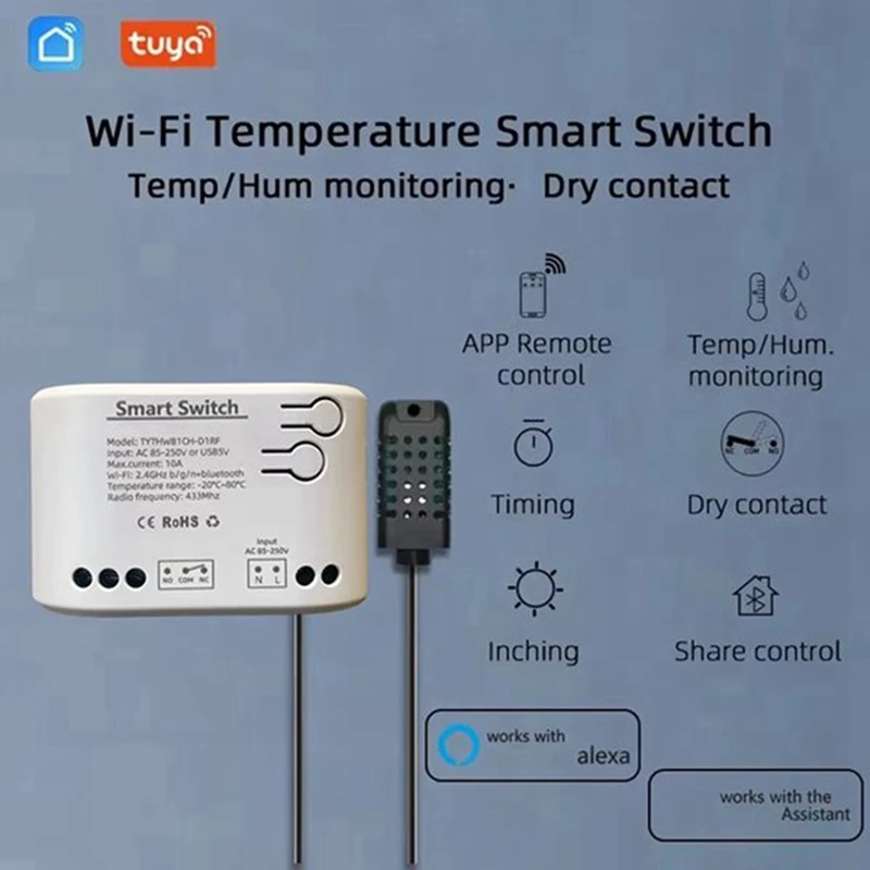 Tuya Wifi 1-Way Smart Switch Temperature Humidity Sensor AC 85-250V Wireless Smart Switch With Remote Controller