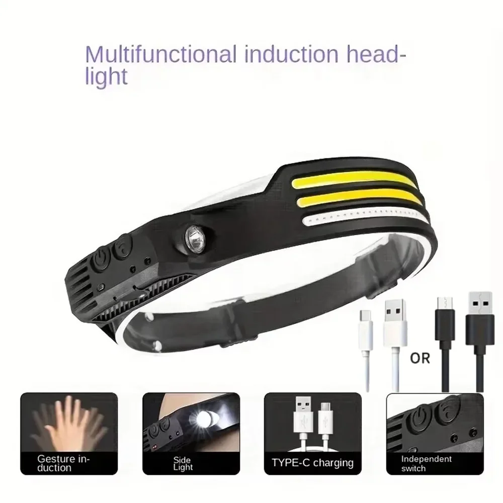 Linterna frontal con Sensor LED, batería integrada, recargable por USB, linterna frontal COB, linterna frontal LED, luz de búsqueda para pesca y acampada