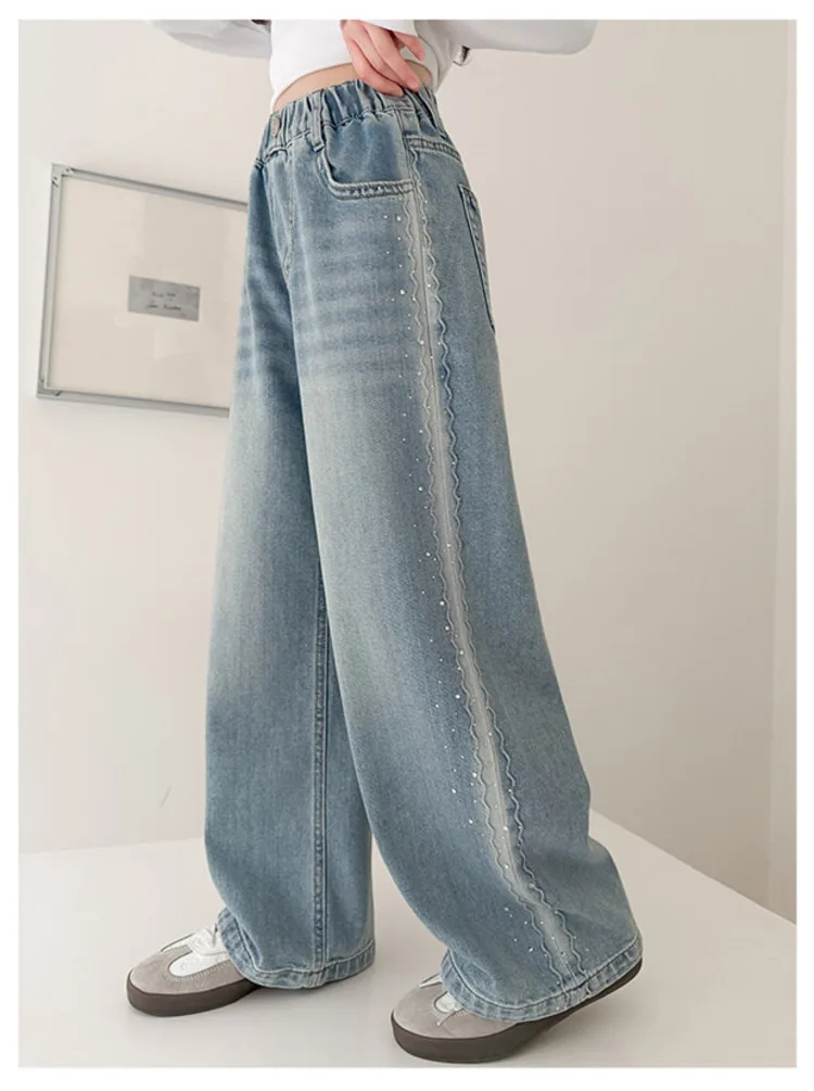 New Kids Girls Wide-Leg Jeans Fashion Side Rhinestone Sequin Elastic Waistband Pants Denim Trousers Casual Children Bottoms