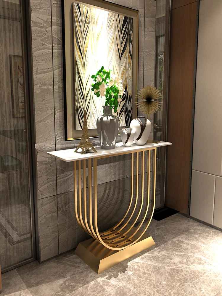 New Chinese light luxury entrance table, iron art living room, decorated porch platform, modern Nordic rock plate, golden porch