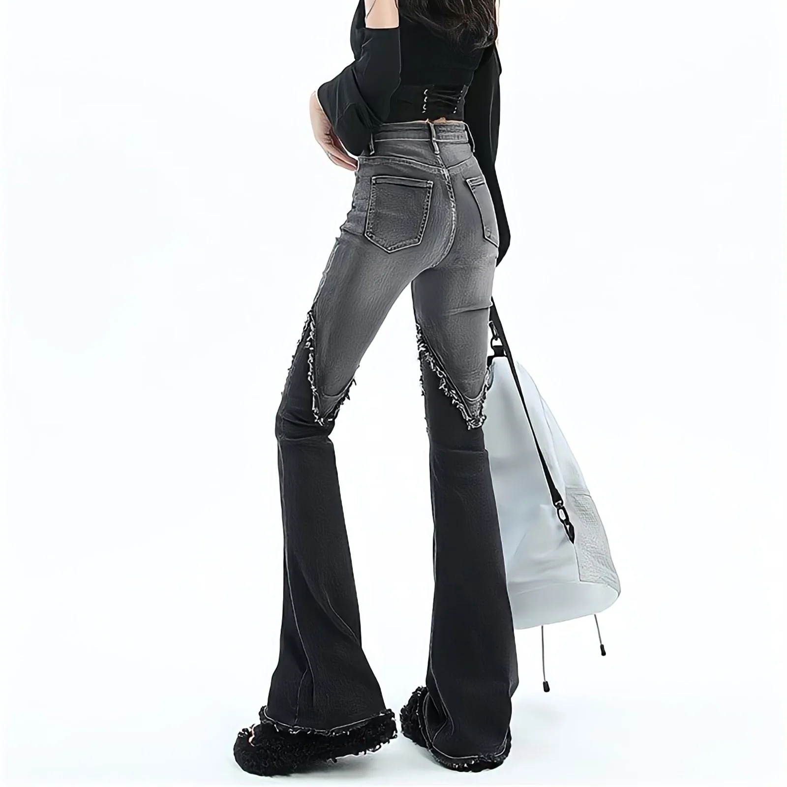 Streetwear Y2k Jeans Women 90s Vintage Grunge Punk Korean Fashion High Waist Brushed Denim Trousers Black Wide Leg Flared Pants