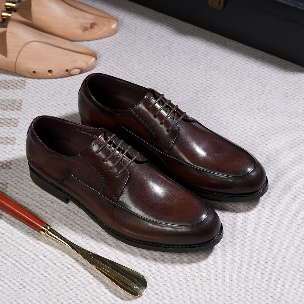 Męskie buty Derby w stylu włoskim, ręcznie robione, oryginalne skórzane, zwykłe sznurowane palce, biuro biznesowe, ślubne, formalne buty dla mężczyzn