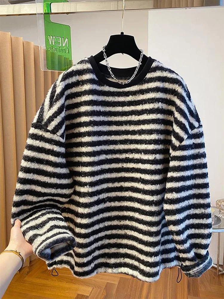 

O-neck Sweater Soft Tops Women Loose Knitted Tops Autumn Winter Female Striped Long Sleeve Pullovers Top