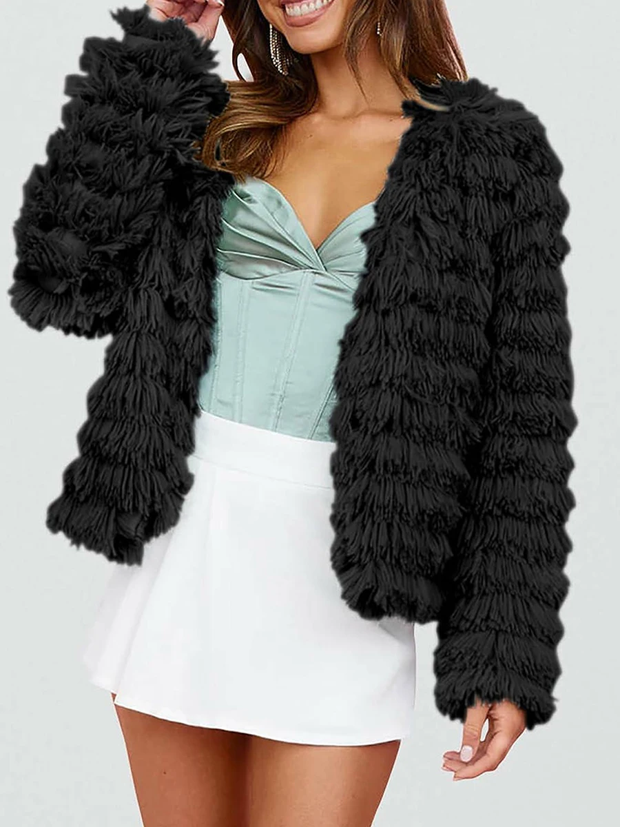 

Women’s Fuzzy Faux Fur Coat Winter Warm Long Sleeve Open Front Cropped Jacket Outerwear