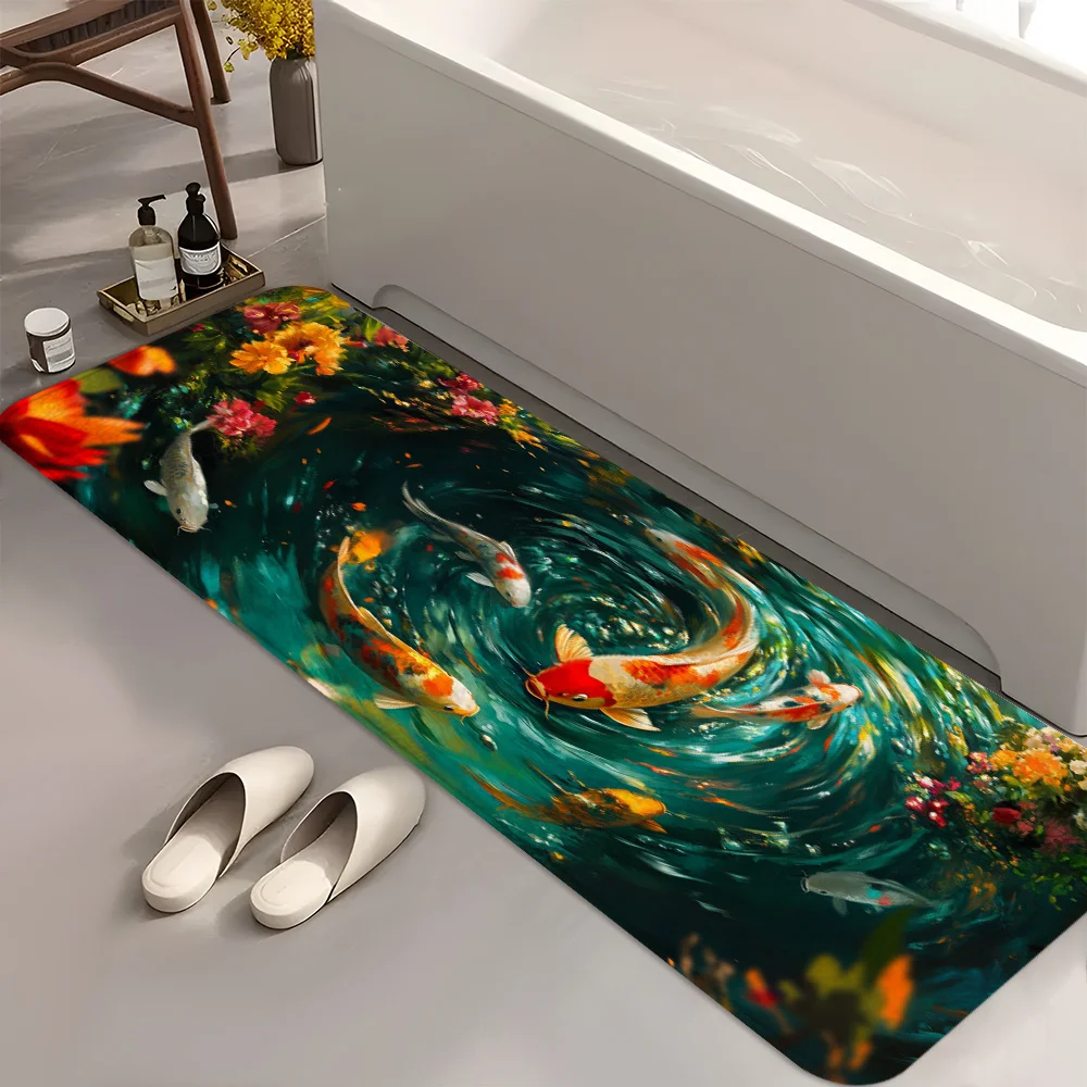 Vibrant Green Pond Koi Carp Long Floor Mat Non Slip Quick Dry Runner Rug Floral Fish Art Pattern Carpet for Bathroom Vanity